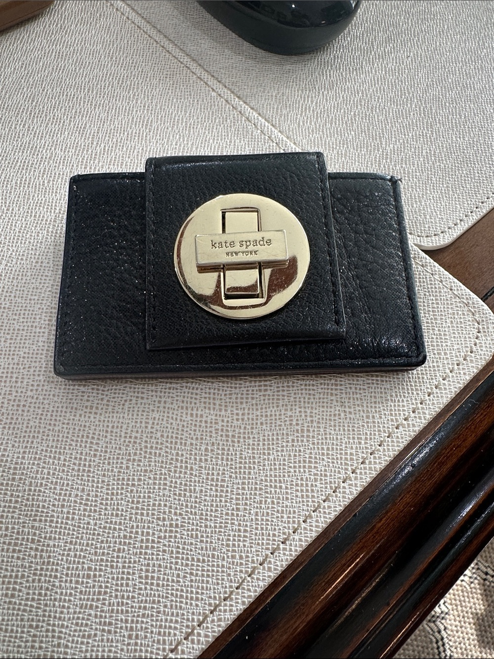 kate spade Black Leather Card & Key Holder with Gold Turnlock Medallion